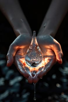 A drop of water in the hands of a man. Selective focus. Nature.