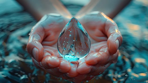 A drop of water in the hands of a man. Selective focus. Nature.