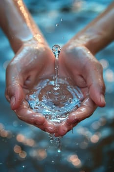 A drop of water in the hands of a man. Selective focus. Nature.