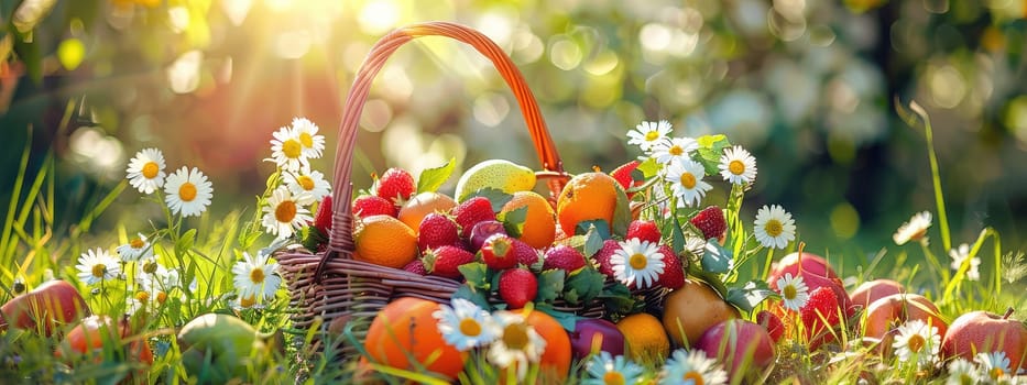 Basket with fruits and berries in the garden. Selective focus. nature.