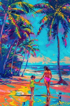 Mother and daughter on the beach in neon swimsuits. Selective focus. Girl.