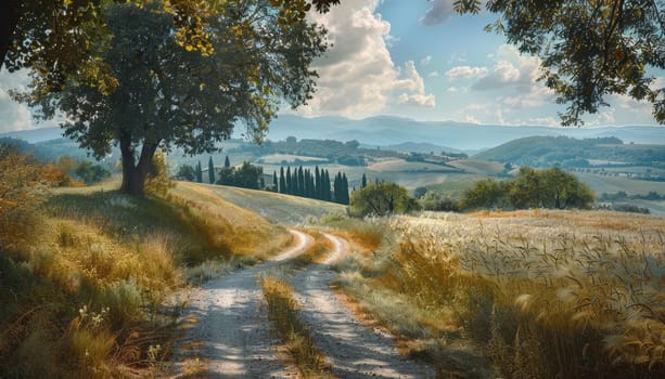 A road in the countryside with trees in the background by AI generated image.