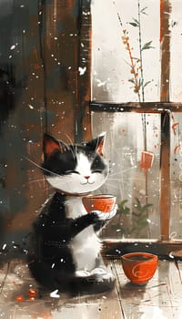 A Felidae cat with black and white fur is seated in front of a window, holding a cup of coffee. Nearby, a flowerpot adds a touch of greenery to the scene