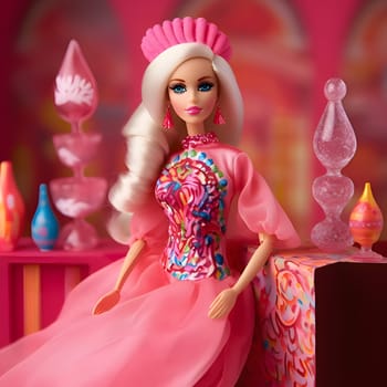 Adorable blonde Barbie dressed in a pink dress, seated gracefully against a blurred background. The side view highlights her elegance and charm.