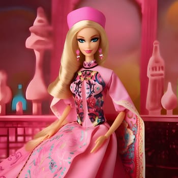 Adorable blonde Barbie dressed in a pink dress, seated gracefully against a blurred background. The side view highlights her elegance and charm.