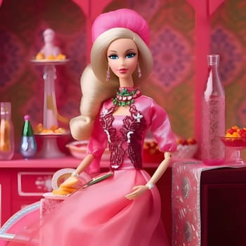 Adorable blonde Barbie dressed in a pink dress, seated gracefully against a blurred background. The side view highlights her elegance and charm.