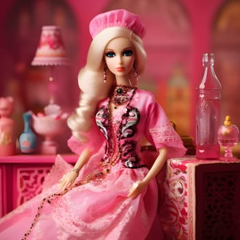 Adorable blonde Barbie dressed in a pink dress, seated gracefully against a blurred background. The side view highlights her elegance and charm.