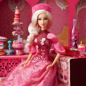 Adorable blonde Barbie dressed in a pink dress, seated gracefully against a blurred background. The side view highlights her elegance and charm.