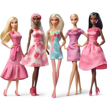 Five Barbie dolls showcasing diverse pink styles and skin tones stand elegantly on a clean white background. Each doll exudes its unique charm.