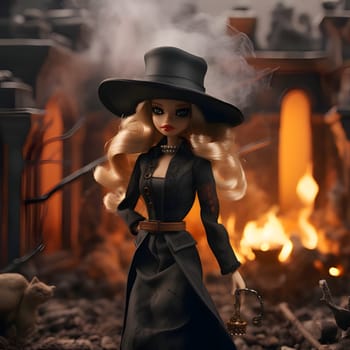 Cute blonde Barbie captivates in her black outfit and stylish black hat, standing against a backdrop of blurred flames of fire, creating a dramatic and intense atmosphere.