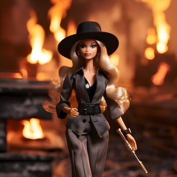 Cute blonde Barbie captivates in her black outfit and stylish black hat, standing against a backdrop of blurred flames of fire, creating a dramatic and intense atmosphere.