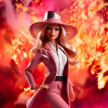 Cute blonde Barbie looks vibrant in her pink outfit and stylish hat, standing against a backdrop of blurred flames of fire, creating a dynamic and energetic atmosphere.