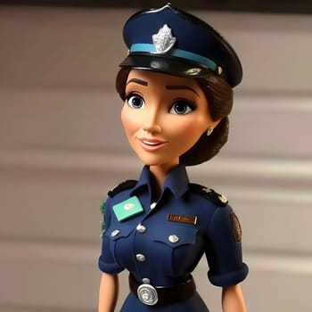 Barbie doll dressed as a confident police officer, standing tall on a sleek gray background. Ready to protect and serve!