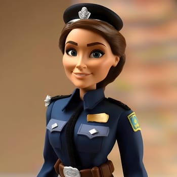 Barbie doll dressed as a confident police officer, standing tall on a sleek gray background. Ready to protect and serve!