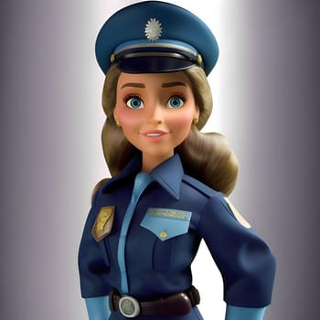 Barbie doll dressed as a confident police officer, standing tall on a sleek gray background. Ready to protect and serve!