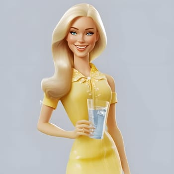 Blonde Barbie doll looks stunning in a vibrant yellow dress, holding a refreshing glass of water, surrounded by a bright and cheerful background.