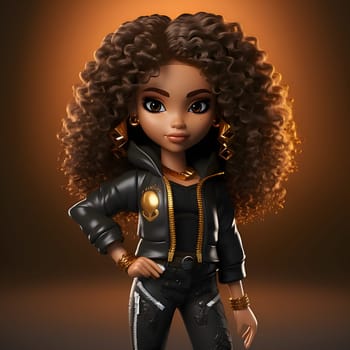 Brown curly-haired Barbie doll stands out against the dark background, her luscious curls adding elegance and charm to her captivating appearance.