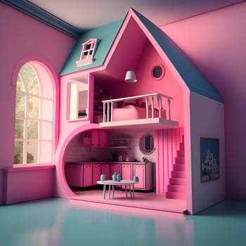 A delightful Barbie-style pink house stands brightly against the background, emanating a sense of joy and playfulness with its charming design.