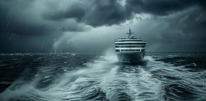 A large ship is in the middle of a stormy sea by AI generated image.
