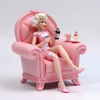 Blonde Barbie doll sitting on a pink armchair, dressed in a matching pink outfit.