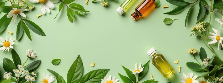 Bottles with essential oils on a background of flowers and leaves. Selective focus. nature.