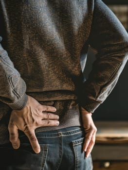 A person discreetly holds their back in pain, dressed casually in a textured sweater and trousers, highlighting everyday discomfort