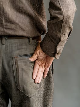A hand rests on the lower back expressing pain, set against a soft, neutral-toned outfit and background, portraying the subtlety of chronic pain