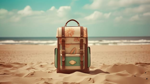 Backpack on the sand of the beach. Vacation scene with schoolbag on the shore line. Generative AI