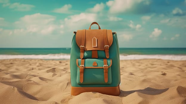 Backpack on the sand of the beach. Vacation scene with schoolbag on the shore line. Generative AI