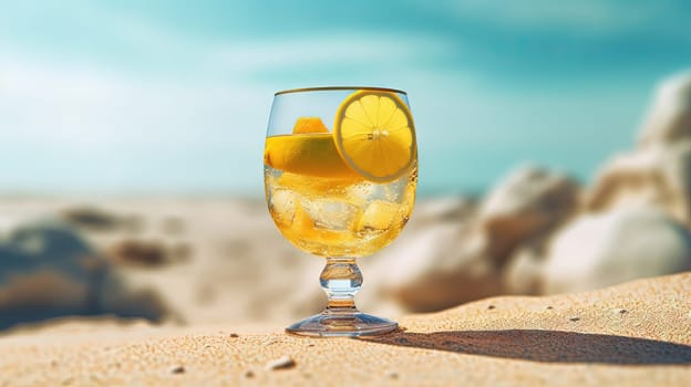 Glass with lemon water in the sand of the beach. Vacation scene with lemonade glass on the shore line. Generative AI.