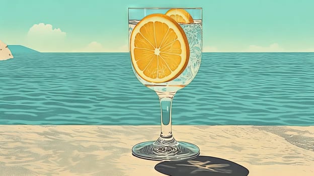 Glass with lemon water in the sand of the beach. Vacation scene with lemonade glass on the shore line. Generative AI.