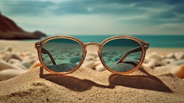 Glasses in the sand of the beach. Vacation scene with sunglass on the shore line. Generative AI