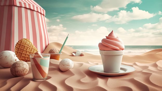 Ice cream cone in the sand of the beach. Vacation scene with ice cream on the shore line. Generative AI