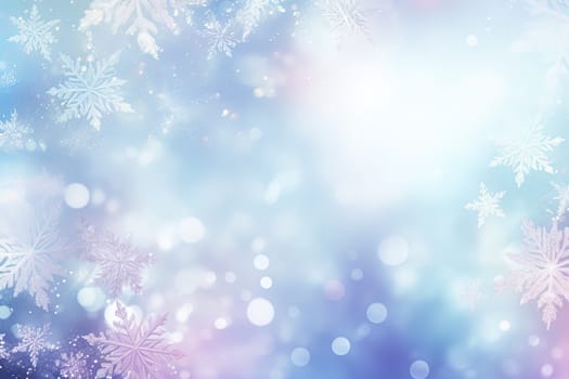 Christmas background with snowflakes and bokeh. Winter holidays celebration backdrop with snow on blurred background. Generated AI