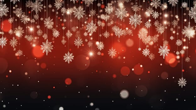 Christmas background with hanging baubles. Xmas balls on winter holidays greeting card. Generated AI