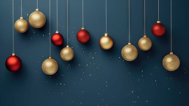 Christmas balls hanging in line on blue background. Winter holiday card with baubles. Generated AI