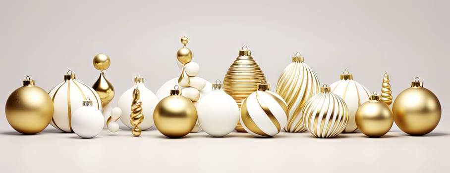 Set of white Christmas baubles with golden ornament. Xmas balls collection. Generated AI