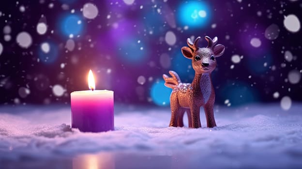 Christmas candle on the snow with deer toy and snowfall. Generated AI