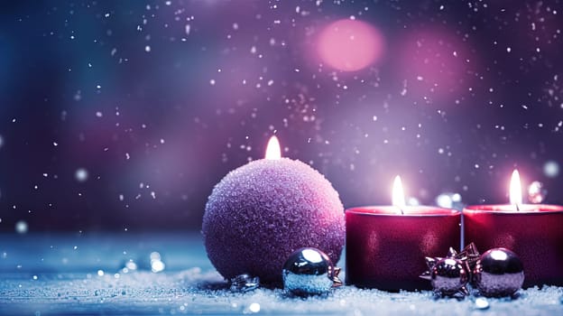 Christmas decoration with candles and baubles. Xmas card template with winter holidays ornament, candles and balls. Generated AI