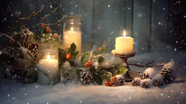 Christmas card with snow and candles. Winter holidays ornament and candles on the Xmas scene. Generated AI