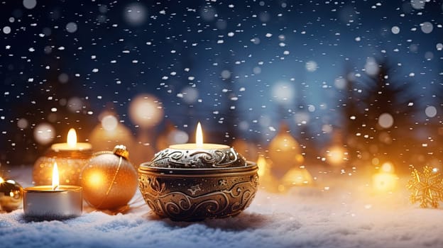 Christmas card with snow and candles. Winter holidays ornament and candles on the Xmas scene. Generated AI