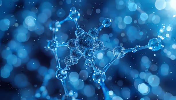 A blue image of a molecule with a lot of small bubbles surrounding it by AI generated image.