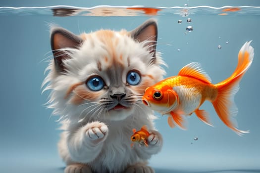 Cute Ragdoll kitten and goldfish underwater .