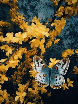 Butterfly on the colorful flowers and plants. Calm nature scene with dreamy colors. Generated AI