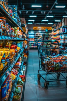 A shopping cart is filled with snacks and other items in a grocery store. The cart is black and has a blue sticker on it. The store is brightly lit and filled with a variety of products
