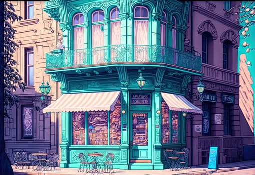 Surrealistic cafe in dreamlike fairytale art nouveau style. Surreal caffeteria in vintage style. Generated AI