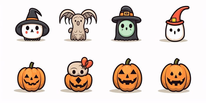 New icons collection: Halloween pumpkin character set. Cute cartoon style vector illustration.