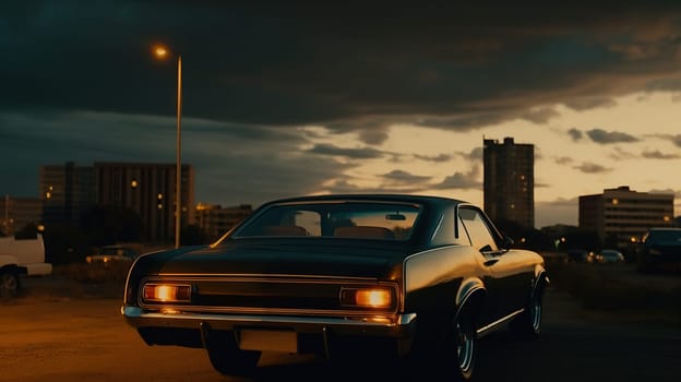 Vintage muscle car parked on the street at night. 80s styled synthwave retro scene with powerful drive in evening. Generated AI