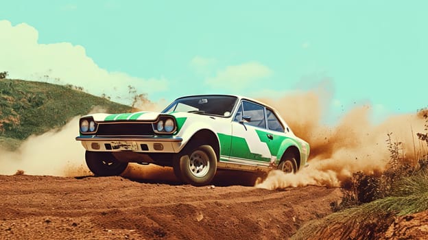 Vintage rally car splashing the dirt in retro 70s styled scene. Generated AI