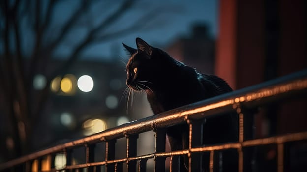 Black cat sitting on a railing at night, in the style of life in New York city. Generated AI
